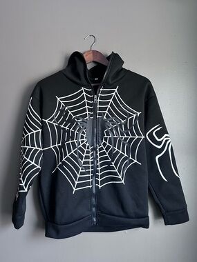 Spider Web Printed Full Zip Hoodie – Size Medium | Black, White & Red
